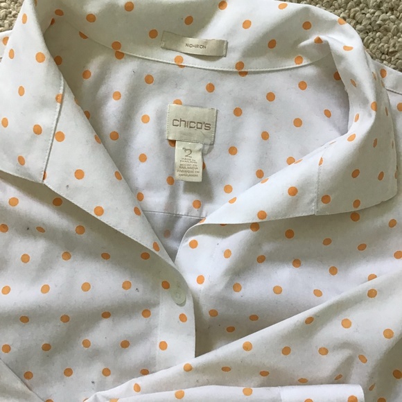 Chico's button up long sleeve tunic blouse white with orange polka dots - Picture 2 of 4